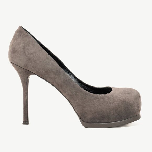 Saint Laurent Tribute Earth Grey Suede Platform Pumps - Picture 1 of 11